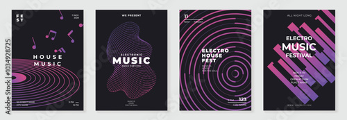 Music poster design background vector set. Electro Sound Cover template with vibrant abstract gradient geometric shape and line wave. Ideal design for social media, flyer, party, music festival, club.