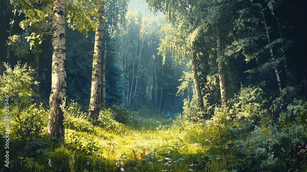 Obraz premium Serene Forest Pathway in Gentle Morning Light