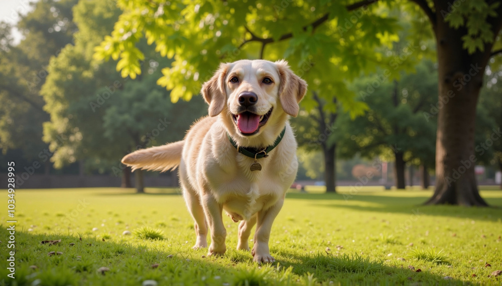 Labrador Retriever walking in park under trees on a sunny day