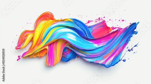 3D rendering of an abstract brush stroke with neon smears and colorful folded ribbons showcasing a vibrant paint texture as artistic clip art presented on a white background