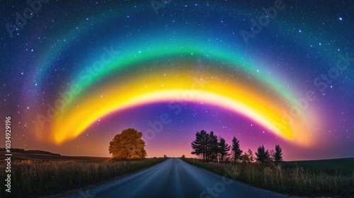 Night sky showcases a stunning rainbow colored aurora with a golden hue illuminating a luminous road the Milky Way and small trees beneath a brilliant starlight display