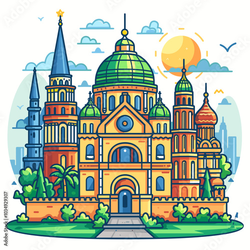 A large building with a green dome and a clock on the front. The building is surrounded by trees and has a large courtyard