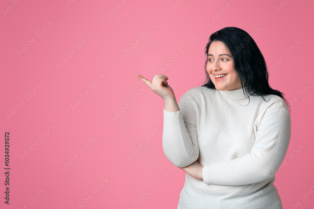 Cheerful Obese Girl Showing Aside With Finger, Pointing At Copy Space Over Pink Background, Panorama Cheerful Obese Girl Showing Aside With Finger, Pointing At Copy Space Over Pink Background, Panorama