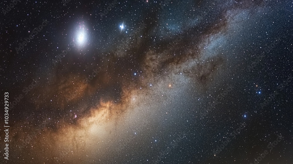 Fototapeta premium Night sky filled with stars featuring the Milky Way surrounding the constellations of Cepheus and Cygnus with the Andromeda galaxy visible in the lower left Captured using long exposure stacking