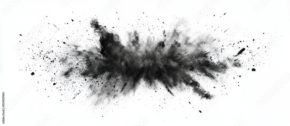Freeze Motion Of Black Dust Explosion Isolated On White Background Freeze Motion Of Black Dust Explosion Isolated On White Background