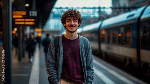 A young man with curly hair stands at the French train station in Lille, smiling and looking directly into camera.