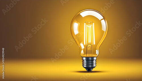 seed null A glowing LED filament light bulb on a yellow background, Generative AI