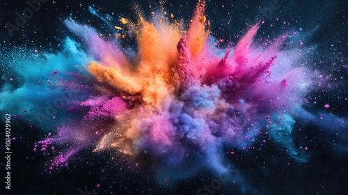 Vibrant explosion of colorful particles Celebration of hues Isolated powder burst on a dark background Paint splatters and clouds Textured chalk dispersing in an energetic display