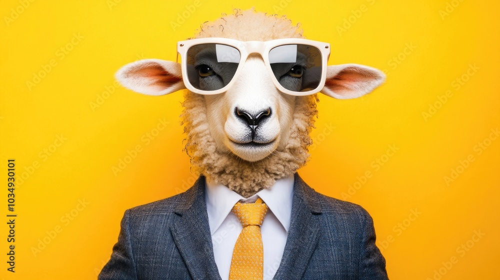 A vibrant studio portrait featuring a quirky sheep dressed in a business suit complete with a tie and oversized sunglasses set against a bright yellow background A vibrant studio portrait featuring a quirky sheep dressed in a business suit complete with a tie and oversized sunglasses set against a bright yellow background