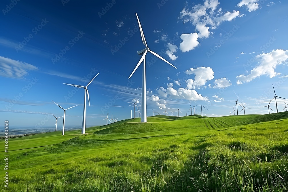 Expansive Wind Farm on Lush Green Hills Under a Bright Blue Sky Expansive Wind Farm on Lush Green Hills Under a Bright Blue Sky