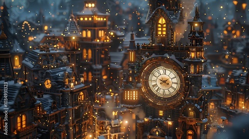 A intricately gear night twilight clocktower which records the movement of days in a world of magic