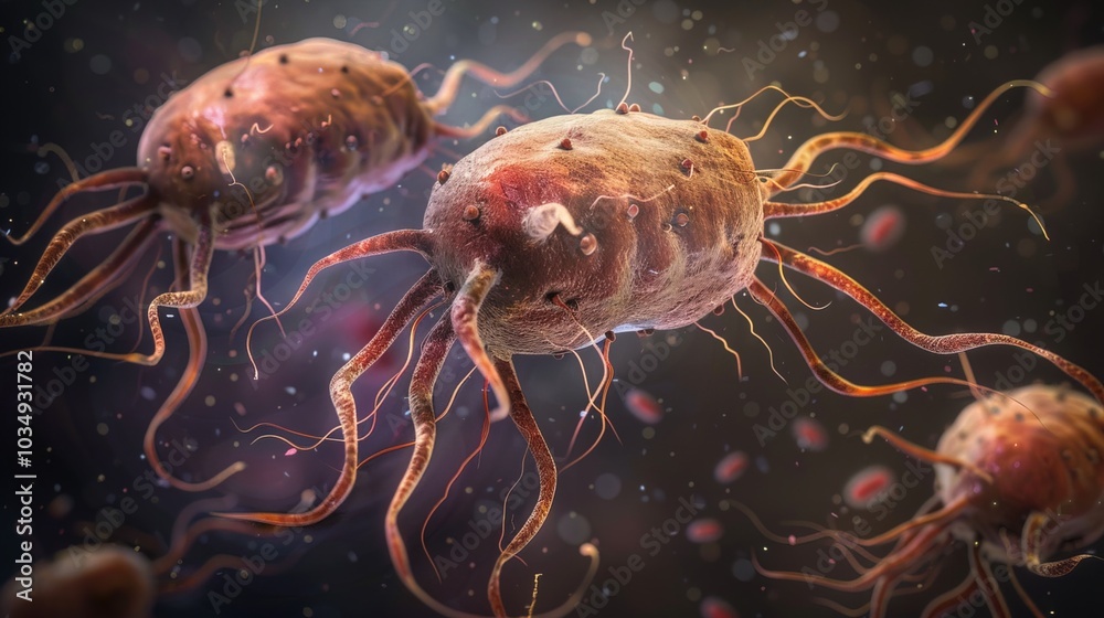 Obraz premium Ancient microbes under microscope reveal intricate cellular structures, showcasing their mysterious and ancient nature, ideal for scientific and educational content.
