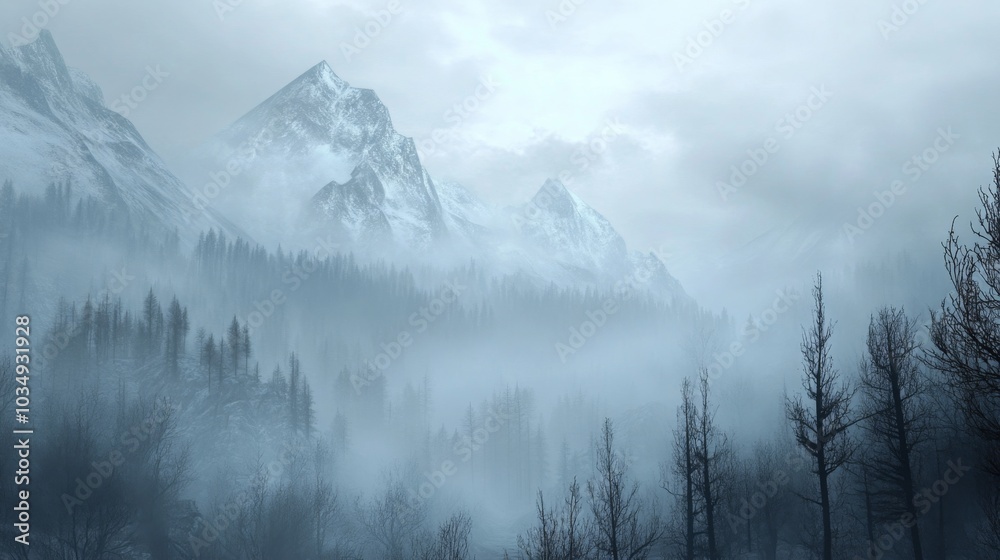 Obraz premium A dense fog envelops towering mountains as morning light struggles through the mist, revealing a serene landscape. The surrounding forest stands still, creating an atmosphere of calmness and mystery.
