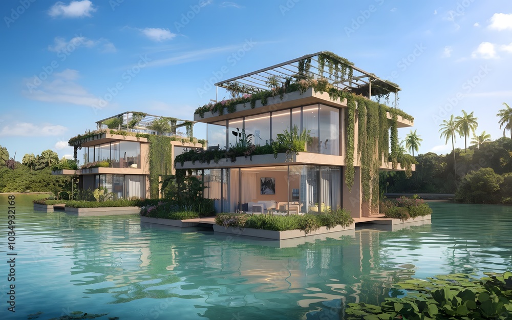 Futuristic Floating Eco Friendly Homes on a Tranquil Lake with Modern Architecture and Greenery Futuristic Floating Eco Friendly Homes on a Tranquil Lake with Modern Architecture and Greenery