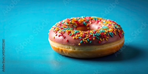 Colorful Sprinkled Donut on a Bright Blue Background, Delicious Treat, Gourmet Dessert, Sweet Snack, Vibrant Colors, Yummy Pastry, Bakery Item, Tasty Indulgence, Sugar-Coated Delight