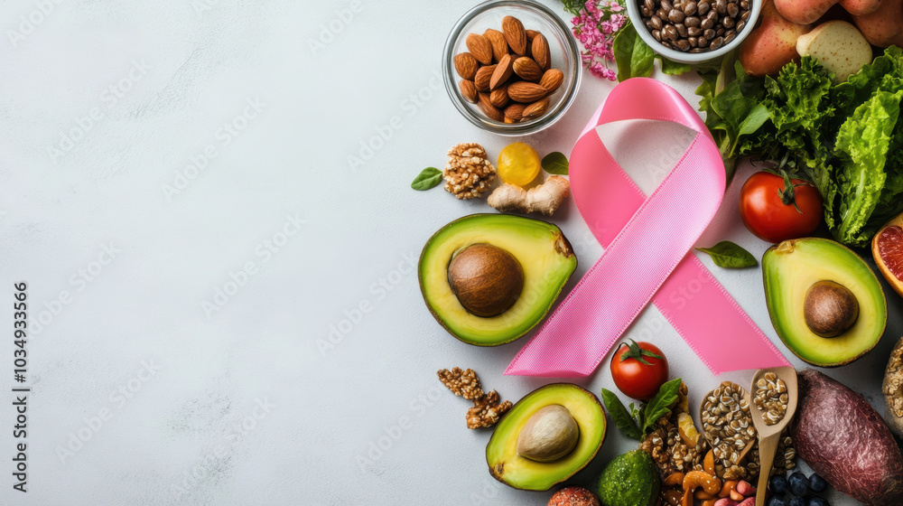 Healthy foods like avocados, nuts, and greens are beautifully arranged around pink ribbon, symbolizing wellness and support. This vibrant display promotes message of health and vitality