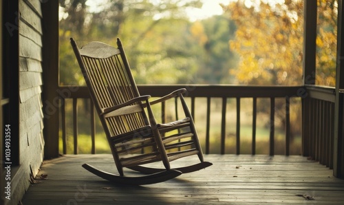 Rocking chair on porch with autumn foliage.