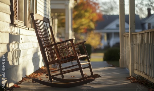 Wooden rocking chair on porch with fall leaves.