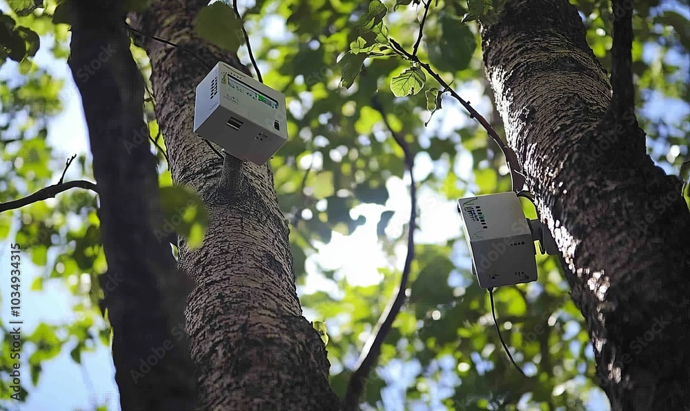 Fototapeta premium Two devices attached to tree branches.