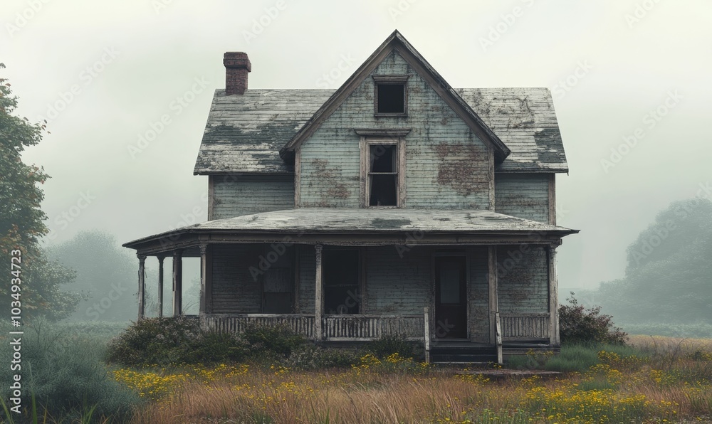 Old, weathered house in foggy field. Old, weathered house in foggy field.