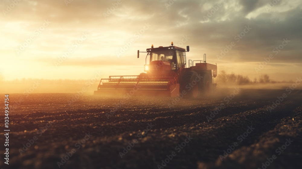 Fototapeta premium A modern seeding machine operating in a vast, misty field at dawn