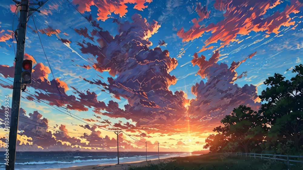 A lofi-style digital artwork of a road running parallel to the beach at sunset, with dramatic clouds and a glowing horizon, creating a nostalgic and peaceful feeling.
