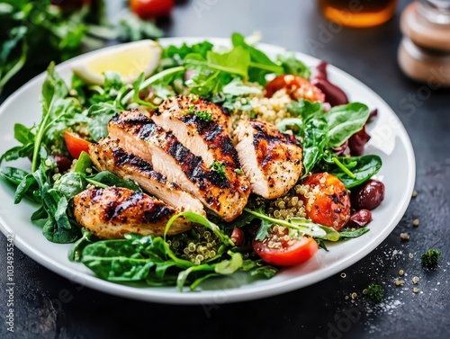 Fresh grilled chicken quinoa and greens on a white plate, a balanced meal for healthy eating enthusiasts.