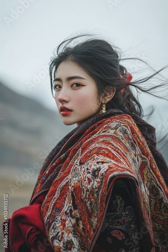 A woman wearing a traditional Tibetan chuba, standing against the backdrop of mountains photo