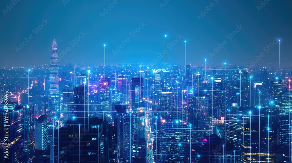 Fototapeta premium Futuristic city skyline featuring advanced wireless connectivity and innovative communication technology