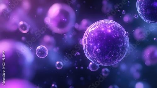 Abstract background featuring purplish blue glowing nanoparticles Evokes imagery of molecular models suggesting connections to scientific research Suitable for banner content