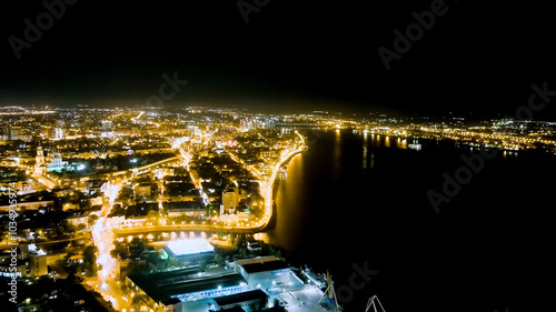 Astrakhan, Russia. Embankment of the Volga River. Night view of the city, Aerial View