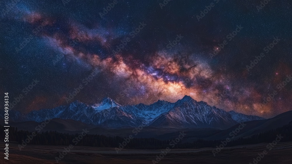 Stunning night scene featuring a vibrant Milky Way backdrop with majestic mountains Captivating view of the cosmos High resolution image