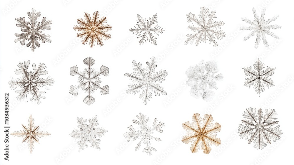 Collection of various snowflakes isolated on a white backdrop Close up image showcasing authentic snow crystals Collection of various snowflakes isolated on a white backdrop Close up image showcasing authentic snow crystals
