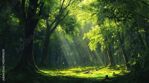 A tranquil forest setting where sunlight streams through vibrant green trees establishing a peaceful and serene ambiance