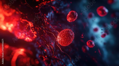 Detailed 3D rendering of red blood cells flowing through an artery highlighting the vibrant red color set against the complex backdrop of the vascular system in a macro illustration photo