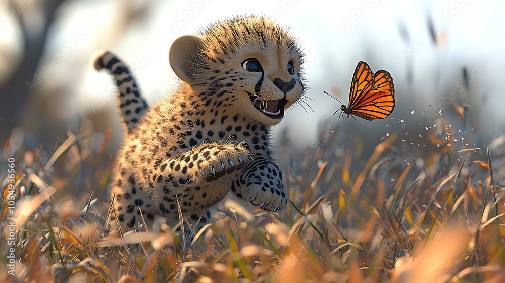 Obraz premium Cheetah Cub Playing With Butterfly in Grass