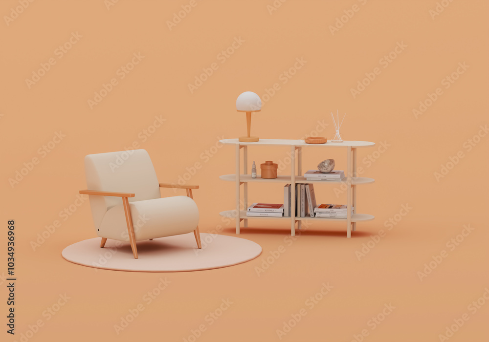 Minimal armchair, carpet, home decor and shelf book on apricot crush background. 3d rendering, store and bedroom concept Minimal armchair, carpet, home decor and shelf book on apricot crush background. 3d rendering, store and bedroom concept