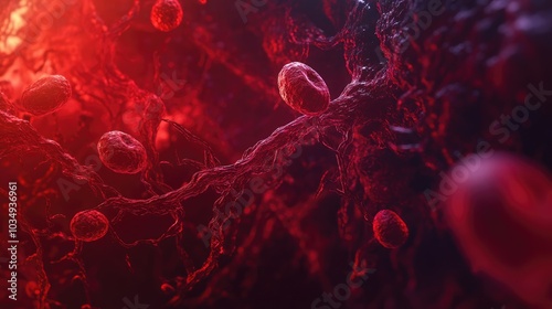 Detailed 3D rendering of red blood cells flowing through an artery highlighting the vibrant red color set against the complex backdrop of the vascular system in a macro illustration photo