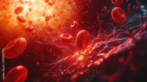 Detailed 3D rendering of red blood cells flowing through an artery highlighting the vibrant red color set against the complex backdrop of the vascular system in a macro illustration photo