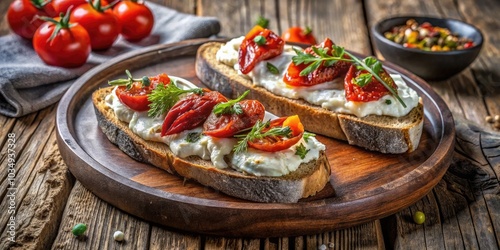 Delicious Breakfast Snack with Ricotta, Herring, and Sun-Dried Tomatoes on Rustic Wooden Board