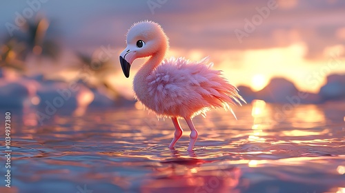 Cute Flamingo Chick in Water at Sunset