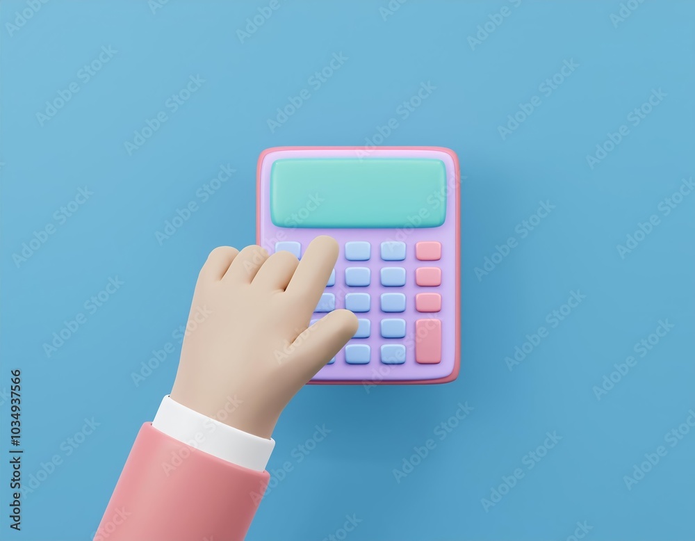 3D hand presses a button on a pink and blue calculator 3D hand presses a button on a pink and blue calculator