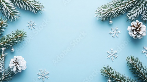 Decorative arrangement featuring pine branches, snowflakes, and pine cones against a soft blue background, creating a festive atmosphere perfect for winter holiday celebrations and craft projects.