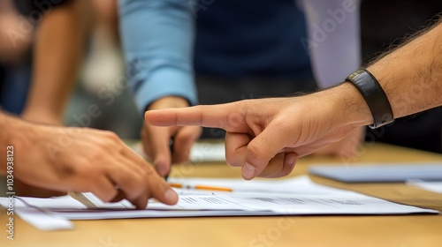 A Man's Hand Points to a Paper on a Wooden Table