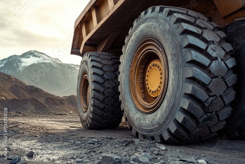 Large, heavy duty truck tire in a mine. This photo is great for articles about mining, construction, or heavy machinery. photo