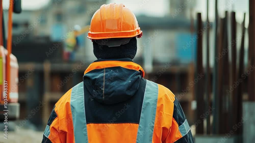 A construction worker in an orange hard hat and safety vest stands at a construction site A construction worker in an orange hard hat and safety vest stands at a construction site