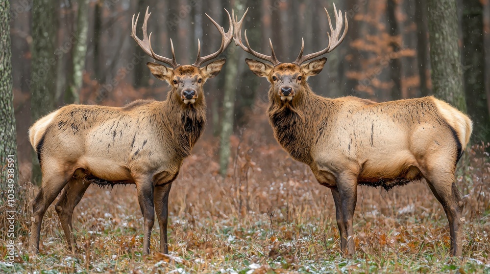 Two elk with impressive antlers standing side by side in a forest during autumn, with light snow on the ground. Two elk with impressive antlers standing side by side in a forest during autumn, with light snow on the ground.