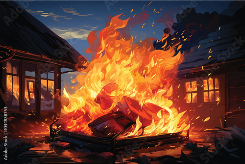 New modern barbecue grill with burning firewood on dark background