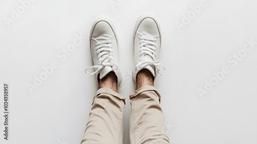 White Sneakers and Beige Pants on a White Background photo