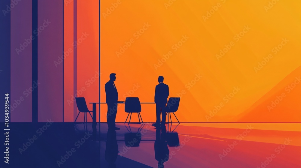 Fototapeta premium Business Executives Discussing Strategy in Sleek Glass-Walled Office with Futuristic Backdrop